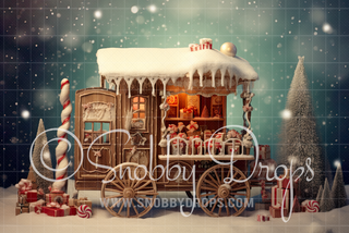 Gingerbread Hot Chocolate Cart Fabric Backdrop-Fabric Photography Backdrop-Snobby Drops Fabric Backdrops for Photography, Exclusive Designs by Tara Mapes Photography, Enchanted Eye Creations by Tara Mapes, photography backgrounds, photography backdrops, fast shipping, US backdrops, cheap photography backdrops