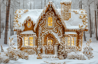 Gingerbread House in Snowy Forest Fabric Backdrop-Fabric Photography Backdrop-Snobby Drops Fabric Backdrops for Photography, Exclusive Designs by Tara Mapes Photography, Enchanted Eye Creations by Tara Mapes, photography backgrounds, photography backdrops, fast shipping, US backdrops, cheap photography backdrops