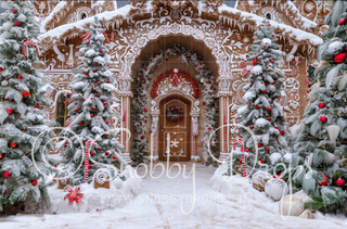 Gingerbread House with Christmas Trees Fabric Backdrop-Fabric Photography Backdrop-Snobby Drops Fabric Backdrops for Photography, Exclusive Designs by Tara Mapes Photography, Enchanted Eye Creations by Tara Mapes, photography backgrounds, photography backdrops, fast shipping, US backdrops, cheap photography backdrops