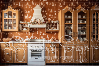 Gingerbread Kitchen Fabric Backdrop-Fabric Photography Backdrop-Snobby Drops Fabric Backdrops for Photography, Exclusive Designs by Tara Mapes Photography, Enchanted Eye Creations by Tara Mapes, photography backgrounds, photography backdrops, fast shipping, US backdrops, cheap photography backdrops