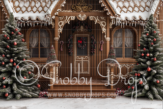 Gingerbread Porch with Christmas Trees Fabric Backdrop-Fabric Photography Backdrop-Snobby Drops Fabric Backdrops for Photography, Exclusive Designs by Tara Mapes Photography, Enchanted Eye Creations by Tara Mapes, photography backgrounds, photography backdrops, fast shipping, US backdrops, cheap photography backdrops