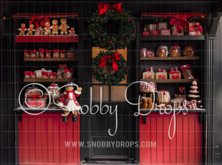 Gingerbread Shop Christmas Fabric Backdrop-Fabric Photography Backdrop-Snobby Drops Fabric Backdrops for Photography, Exclusive Designs by Tara Mapes Photography, Enchanted Eye Creations by Tara Mapes, photography backgrounds, photography backdrops, fast shipping, US backdrops, cheap photography backdrops