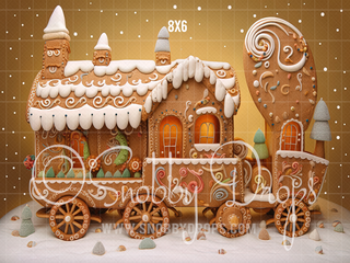 Gingerbread Train Fabric Backdrop-Fabric Photography Backdrop-Snobby Drops Fabric Backdrops for Photography, Exclusive Designs by Tara Mapes Photography, Enchanted Eye Creations by Tara Mapes, photography backgrounds, photography backdrops, fast shipping, US backdrops, cheap photography backdrops