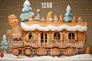 Gingerbread Train Fabric Backdrop-Fabric Photography Backdrop-Snobby Drops Fabric Backdrops for Photography, Exclusive Designs by Tara Mapes Photography, Enchanted Eye Creations by Tara Mapes, photography backgrounds, photography backdrops, fast shipping, US backdrops, cheap photography backdrops