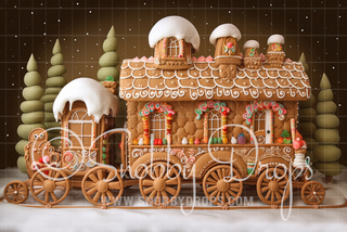 Gingerbread Train Fabric Backdrop-Fabric Photography Backdrop-Snobby Drops Fabric Backdrops for Photography, Exclusive Designs by Tara Mapes Photography, Enchanted Eye Creations by Tara Mapes, photography backgrounds, photography backdrops, fast shipping, US backdrops, cheap photography backdrops