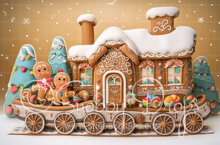 Gingerbread Train Fabric Backdrop-Fabric Photography Backdrop-Snobby Drops Fabric Backdrops for Photography, Exclusive Designs by Tara Mapes Photography, Enchanted Eye Creations by Tara Mapes, photography backgrounds, photography backdrops, fast shipping, US backdrops, cheap photography backdrops