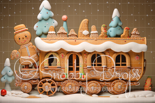 Gingerbread Train Fabric Backdrop-Fabric Photography Backdrop-Snobby Drops Fabric Backdrops for Photography, Exclusive Designs by Tara Mapes Photography, Enchanted Eye Creations by Tara Mapes, photography backgrounds, photography backdrops, fast shipping, US backdrops, cheap photography backdrops