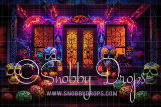 Glowing Sugar Skull Home Halloween Fabric Backdrop-Fabric Photography Backdrop-Snobby Drops Fabric Backdrops for Photography, Exclusive Designs by Tara Mapes Photography, Enchanted Eye Creations by Tara Mapes, photography backgrounds, photography backdrops, fast shipping, US backdrops, cheap photography backdrops