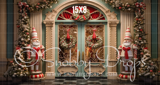 Gnome Nutcracker Christmas Door Fabric Backdrop-Fabric Photography Backdrop-Snobby Drops Fabric Backdrops for Photography, Exclusive Designs by Tara Mapes Photography, Enchanted Eye Creations by Tara Mapes, photography backgrounds, photography backdrops, fast shipping, US backdrops, cheap photography backdrops