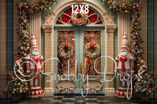 Gnome Nutcracker Christmas Door Fabric Backdrop-Fabric Photography Backdrop-Snobby Drops Fabric Backdrops for Photography, Exclusive Designs by Tara Mapes Photography, Enchanted Eye Creations by Tara Mapes, photography backgrounds, photography backdrops, fast shipping, US backdrops, cheap photography backdrops