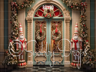 Gnome Nutcracker Christmas Door Fabric Backdrop-Fabric Photography Backdrop-Snobby Drops Fabric Backdrops for Photography, Exclusive Designs by Tara Mapes Photography, Enchanted Eye Creations by Tara Mapes, photography backgrounds, photography backdrops, fast shipping, US backdrops, cheap photography backdrops