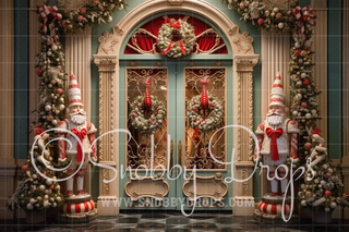 Gnome Nutcracker Christmas Door Fabric Backdrop-Fabric Photography Backdrop-Snobby Drops Fabric Backdrops for Photography, Exclusive Designs by Tara Mapes Photography, Enchanted Eye Creations by Tara Mapes, photography backgrounds, photography backdrops, fast shipping, US backdrops, cheap photography backdrops