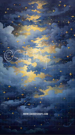 Gold and Blue Night Sky Fabric Backdrop Sweep-Fabric Photography Sweep-Snobby Drops Fabric Backdrops for Photography, Exclusive Designs by Tara Mapes Photography, Enchanted Eye Creations by Tara Mapes, photography backgrounds, photography backdrops, fast shipping, US backdrops, cheap photography backdrops