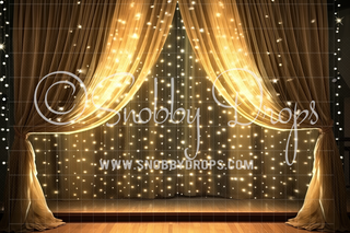 Gold Curtains and Lights Dance Backdrop-Fabric Photography Backdrop-Snobby Drops Fabric Backdrops for Photography, Exclusive Designs by Tara Mapes Photography, Enchanted Eye Creations by Tara Mapes, photography backgrounds, photography backdrops, fast shipping, US backdrops, cheap photography backdrops