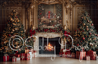 Gold Ornate Christmas Room Fabric Backdrop-Fabric Photography Backdrop-Snobby Drops Fabric Backdrops for Photography, Exclusive Designs by Tara Mapes Photography, Enchanted Eye Creations by Tara Mapes, photography backgrounds, photography backdrops, fast shipping, US backdrops, cheap photography backdrops