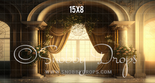 Gold Room Arch with Curtains Fabric Backdrop-Fabric Photography Backdrop-Snobby Drops Fabric Backdrops for Photography, Exclusive Designs by Tara Mapes Photography, Enchanted Eye Creations by Tara Mapes, photography backgrounds, photography backdrops, fast shipping, US backdrops, cheap photography backdrops