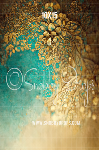 Gold & Turquoise Fine Art Fabric Backdrop Sweep-Fabric Photography Sweep-Snobby Drops Fabric Backdrops for Photography, Exclusive Designs by Tara Mapes Photography, Enchanted Eye Creations by Tara Mapes, photography backgrounds, photography backdrops, fast shipping, US backdrops, cheap photography backdrops
