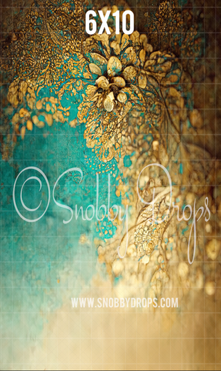 Gold & Turquoise Fine Art Fabric Backdrop Sweep-Fabric Photography Sweep-Snobby Drops Fabric Backdrops for Photography, Exclusive Designs by Tara Mapes Photography, Enchanted Eye Creations by Tara Mapes, photography backgrounds, photography backdrops, fast shipping, US backdrops, cheap photography backdrops