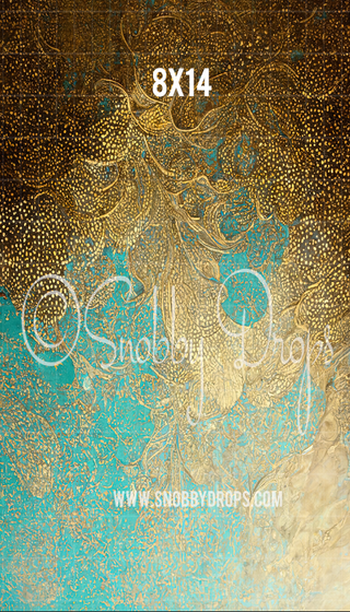 Gold & Turquoise Fine Art Fabric Backdrop Sweep-Fabric Photography Sweep-Snobby Drops Fabric Backdrops for Photography, Exclusive Designs by Tara Mapes Photography, Enchanted Eye Creations by Tara Mapes, photography backgrounds, photography backdrops, fast shipping, US backdrops, cheap photography backdrops