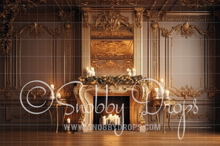 Golden Room with Christmas Fireplace Mantle Fabric Backdrop-Fabric Photography Backdrop-Snobby Drops Fabric Backdrops for Photography, Exclusive Designs by Tara Mapes Photography, Enchanted Eye Creations by Tara Mapes, photography backgrounds, photography backdrops, fast shipping, US backdrops, cheap photography backdrops