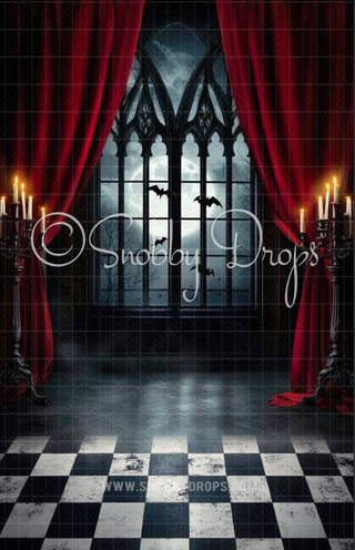 Gothic Window with Curtains Fabric Backdrop Sweep-Fabric Photography Sweep-Snobby Drops Fabric Backdrops for Photography, Exclusive Designs by Tara Mapes Photography, Enchanted Eye Creations by Tara Mapes, photography backgrounds, photography backdrops, fast shipping, US backdrops, cheap photography backdrops