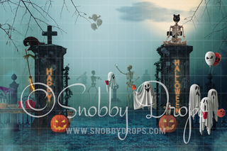 Graveyard Halloween Party Fabric Backdrop-Fabric Photography Backdrop-Snobby Drops Fabric Backdrops for Photography, Exclusive Designs by Tara Mapes Photography, Enchanted Eye Creations by Tara Mapes, photography backgrounds, photography backdrops, fast shipping, US backdrops, cheap photography backdrops