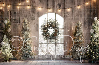 Gray Christmas Window Fabric Backdrop-Fabric Photography Backdrop-Snobby Drops Fabric Backdrops for Photography, Exclusive Designs by Tara Mapes Photography, Enchanted Eye Creations by Tara Mapes, photography backgrounds, photography backdrops, fast shipping, US backdrops, cheap photography backdrops