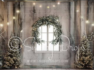 Gray Christmas Window with Garland Fabric Backdrop-Fabric Photography Backdrop-Snobby Drops Fabric Backdrops for Photography, Exclusive Designs by Tara Mapes Photography, Enchanted Eye Creations by Tara Mapes, photography backgrounds, photography backdrops, fast shipping, US backdrops, cheap photography backdrops