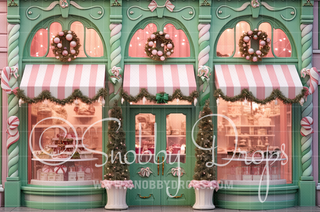 Green and Pink Christmas Shop Storefront Fabric Backdrop-Fabric Photography Backdrop-Snobby Drops Fabric Backdrops for Photography, Exclusive Designs by Tara Mapes Photography, Enchanted Eye Creations by Tara Mapes, photography backgrounds, photography backdrops, fast shipping, US backdrops, cheap photography backdrops