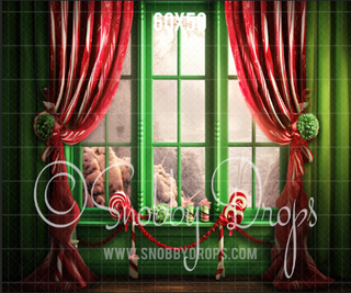 Green and Red Whimsyville Window Fabric Backdrop-Fabric Photography Backdrop-Snobby Drops Fabric Backdrops for Photography, Exclusive Designs by Tara Mapes Photography, Enchanted Eye Creations by Tara Mapes, photography backgrounds, photography backdrops, fast shipping, US backdrops, cheap photography backdrops