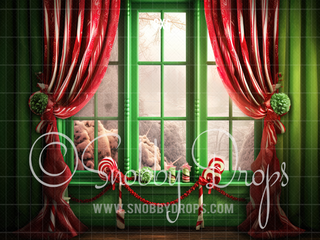 Green and Red Whimsyville Window Fabric Backdrop-Fabric Photography Backdrop-Snobby Drops Fabric Backdrops for Photography, Exclusive Designs by Tara Mapes Photography, Enchanted Eye Creations by Tara Mapes, photography backgrounds, photography backdrops, fast shipping, US backdrops, cheap photography backdrops