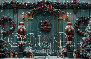 Green Christmas Door with Nutcrackers Fabric Backdrop-Fabric Photography Backdrop-Snobby Drops Fabric Backdrops for Photography, Exclusive Designs by Tara Mapes Photography, Enchanted Eye Creations by Tara Mapes, photography backgrounds, photography backdrops, fast shipping, US backdrops, cheap photography backdrops