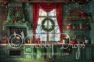 Green Christmas Kitchen Christmas Fabric Backdrop-Fabric Photography Backdrop-Snobby Drops Fabric Backdrops for Photography, Exclusive Designs by Tara Mapes Photography, Enchanted Eye Creations by Tara Mapes, photography backgrounds, photography backdrops, fast shipping, US backdrops, cheap photography backdrops