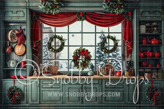 Green Christmas Kitchen Christmas Fabric Backdrop-Fabric Photography Backdrop-Snobby Drops Fabric Backdrops for Photography, Exclusive Designs by Tara Mapes Photography, Enchanted Eye Creations by Tara Mapes, photography backgrounds, photography backdrops, fast shipping, US backdrops, cheap photography backdrops