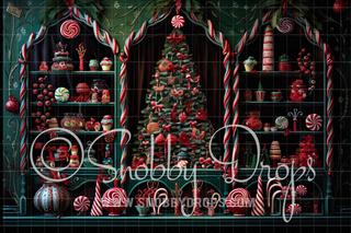 Green Christmas Shop Window Fabric Backdrop-Fabric Photography Backdrop-Snobby Drops Fabric Backdrops for Photography, Exclusive Designs by Tara Mapes Photography, Enchanted Eye Creations by Tara Mapes, photography backgrounds, photography backdrops, fast shipping, US backdrops, cheap photography backdrops