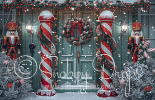 Green Door with Red Peppermint Pillars with Nutcrackers Fabric Backdrop-Fabric Photography Backdrop-Snobby Drops Fabric Backdrops for Photography, Exclusive Designs by Tara Mapes Photography, Enchanted Eye Creations by Tara Mapes, photography backgrounds, photography backdrops, fast shipping, US backdrops, cheap photography backdrops