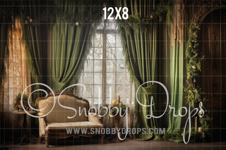 Green Garland Christmas Room Fabric Backdrop-Fabric Photography Backdrop-Snobby Drops Fabric Backdrops for Photography, Exclusive Designs by Tara Mapes Photography, Enchanted Eye Creations by Tara Mapes, photography backgrounds, photography backdrops, fast shipping, US backdrops, cheap photography backdrops