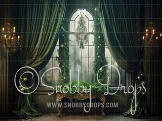 Green Garland Christmas Window Fabric Backdrop-Fabric Photography Backdrop-Snobby Drops Fabric Backdrops for Photography, Exclusive Designs by Tara Mapes Photography, Enchanted Eye Creations by Tara Mapes, photography backgrounds, photography backdrops, fast shipping, US backdrops, cheap photography backdrops