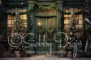 Green & Gold Christmas Shop Fabric Backdrop-Fabric Photography Backdrop-Snobby Drops Fabric Backdrops for Photography, Exclusive Designs by Tara Mapes Photography, Enchanted Eye Creations by Tara Mapes, photography backgrounds, photography backdrops, fast shipping, US backdrops, cheap photography backdrops