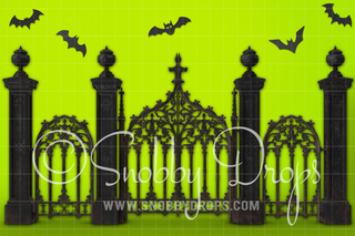 Green Halloween Cemetery Gate Fabric Backdrop-Fabric Photography Backdrop-Snobby Drops Fabric Backdrops for Photography, Exclusive Designs by Tara Mapes Photography, Enchanted Eye Creations by Tara Mapes, photography backgrounds, photography backdrops, fast shipping, US backdrops, cheap photography backdrops