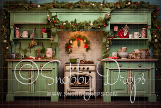 Green Vintage Christmas Kitchen Fabric Backdrop-Fabric Photography Backdrop-Snobby Drops Fabric Backdrops for Photography, Exclusive Designs by Tara Mapes Photography, Enchanted Eye Creations by Tara Mapes, photography backgrounds, photography backdrops, fast shipping, US backdrops, cheap photography backdrops