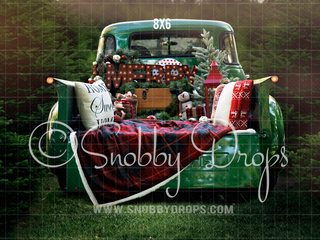 Green Vintage Christmas Truck Warm Fabric Backdrop-Fabric Photography Backdrop-Snobby Drops Fabric Backdrops for Photography, Exclusive Designs by Tara Mapes Photography, Enchanted Eye Creations by Tara Mapes, photography backgrounds, photography backdrops, fast shipping, US backdrops, cheap photography backdrops