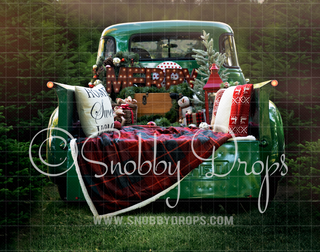 Green Vintage Christmas Truck Warm Fabric Backdrop-Fabric Photography Backdrop-Snobby Drops Fabric Backdrops for Photography, Exclusive Designs by Tara Mapes Photography, Enchanted Eye Creations by Tara Mapes, photography backgrounds, photography backdrops, fast shipping, US backdrops, cheap photography backdrops