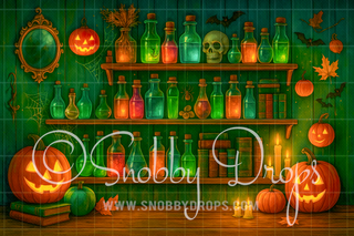 Halloween Potions Shelves Halloween Fabric Backdrop-Fabric Photography Backdrop-Snobby Drops Fabric Backdrops for Photography, Exclusive Designs by Tara Mapes Photography, Enchanted Eye Creations by Tara Mapes, photography backgrounds, photography backdrops, fast shipping, US backdrops, cheap photography backdrops
