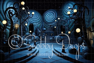 Halloween Swirly Town Fabric Backdrop-Fabric Photography Backdrop-Snobby Drops Fabric Backdrops for Photography, Exclusive Designs by Tara Mapes Photography, Enchanted Eye Creations by Tara Mapes, photography backgrounds, photography backdrops, fast shipping, US backdrops, cheap photography backdrops