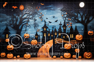 Happy Halloween Town Fabric Backdrop-Fabric Photography Backdrop-Snobby Drops Fabric Backdrops for Photography, Exclusive Designs by Tara Mapes Photography, Enchanted Eye Creations by Tara Mapes, photography backgrounds, photography backdrops, fast shipping, US backdrops, cheap photography backdrops