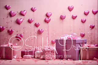 Heart Balloons and Gifts Pink Valentine Fabric Backdrop-Fabric Photography Backdrop-Snobby Drops Fabric Backdrops for Photography, Exclusive Designs by Tara Mapes Photography, Enchanted Eye Creations by Tara Mapes, photography backgrounds, photography backdrops, fast shipping, US backdrops, cheap photography backdrops