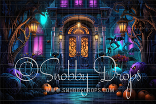 Hex House Witch Halloween Fabric Backdrop-Fabric Photography Backdrop-Snobby Drops Fabric Backdrops for Photography, Exclusive Designs by Tara Mapes Photography, Enchanted Eye Creations by Tara Mapes, photography backgrounds, photography backdrops, fast shipping, US backdrops, cheap photography backdrops