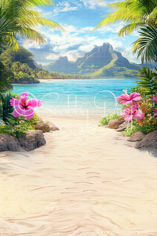 Hibiscus Path Beach Fabric Backdrop Sweep-Fabric Photography Sweep-Snobby Drops Fabric Backdrops for Photography, Exclusive Designs by Tara Mapes Photography, Enchanted Eye Creations by Tara Mapes, photography backgrounds, photography backdrops, fast shipping, US backdrops, cheap photography backdrops