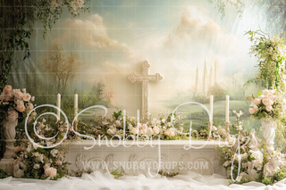 Holy Communion Religious Fabric Backdrop-Fabric Photography Backdrop-Snobby Drops Fabric Backdrops for Photography, Exclusive Designs by Tara Mapes Photography, Enchanted Eye Creations by Tara Mapes, photography backgrounds, photography backdrops, fast shipping, US backdrops, cheap photography backdrops